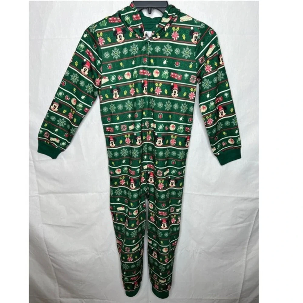 Disney Mickey Mouse Kids Holiday Fair Isle Hooded One Piece Pajamas Green Sz 7/8